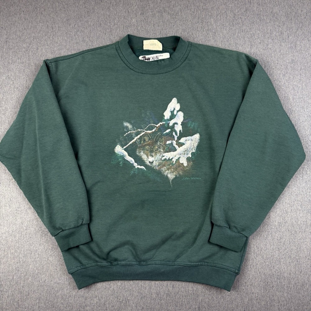 VTG Northern Reflections Wolf Sweatshirt 90s Green Crewneck Nature Women Small
